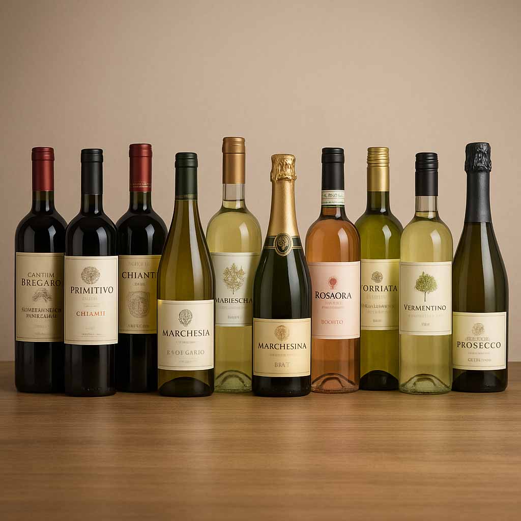 Selectie van Italiaanse wijnpakketten met rode, witte en mousserende wijnen
