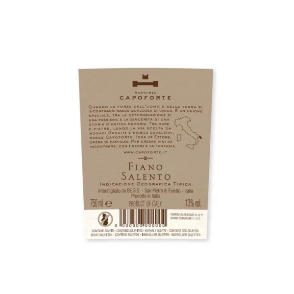 label-Fiano-Capoforte-2 Fiano Masseria Capoforte - fluweelachtig wit met zuidelijke elegantie