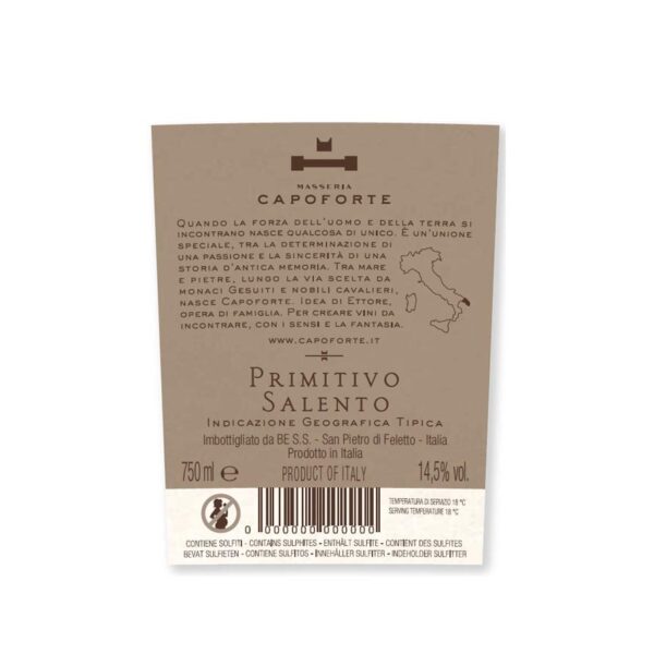 label2-Capoforte Primitivo Salento Masseria Capoforte - krachtig rood uit Salento