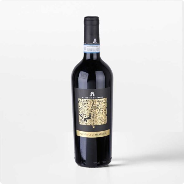 Primitivo Pietrosa Fles Primitivo di Manduria Masseria Pietrosa wijn met gouden etiket