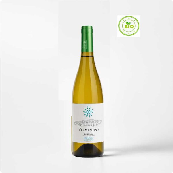 Fles Vermentino IGT Toscana Fibbiano tegen witte achtergrond