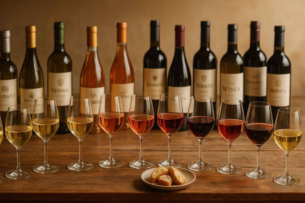 Wijnproeverij met Italiaanse wijnen en antipasti op houten tafel