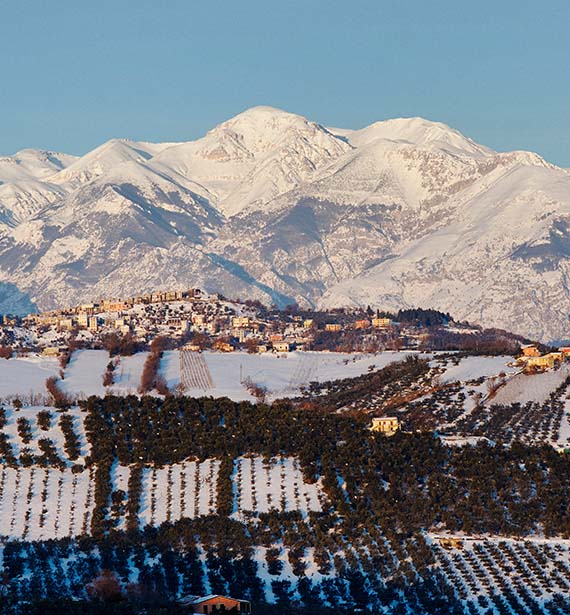 besneeuwde bergen van Abruzzo met wijngaarden van Terra d' Aligi