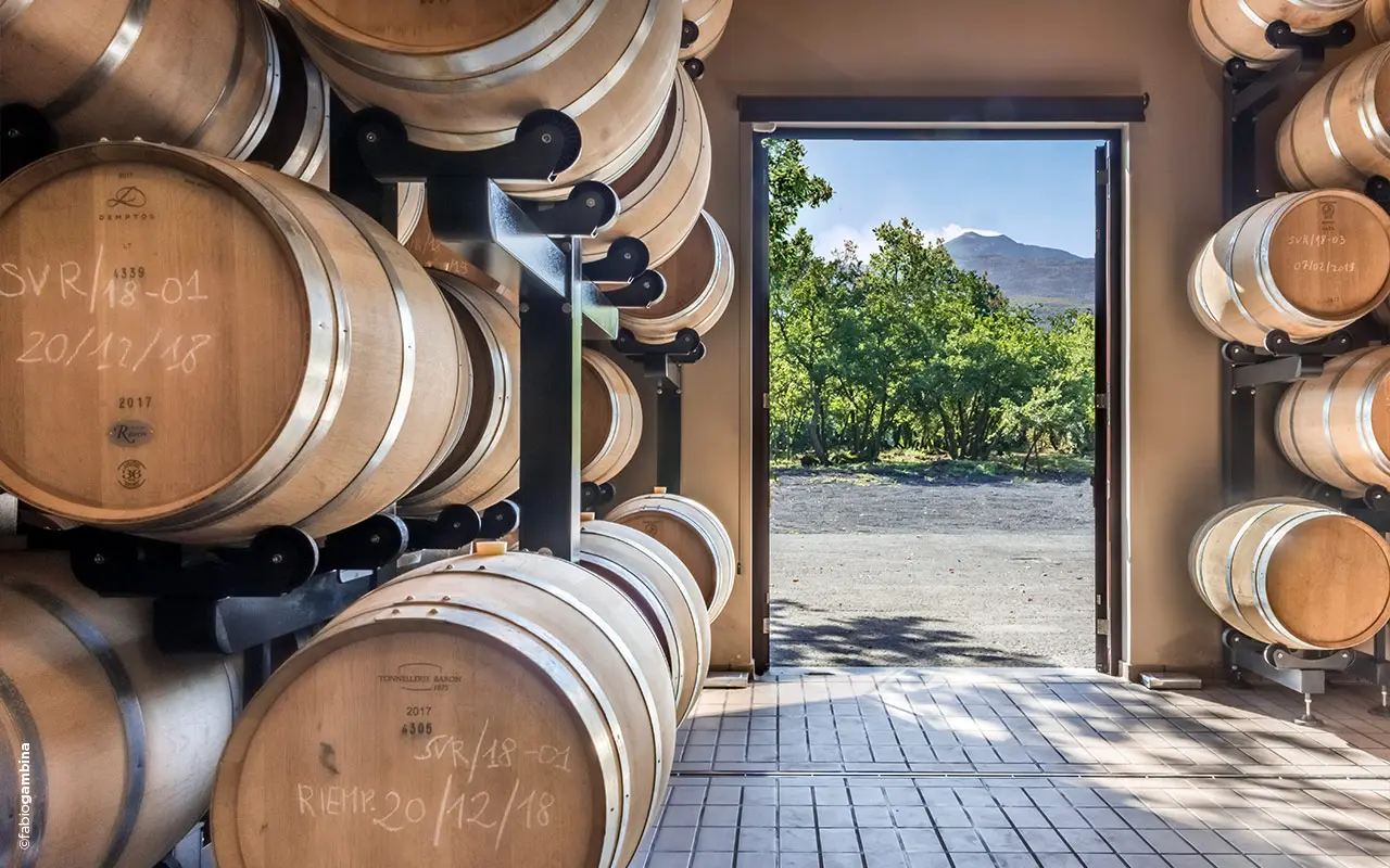 doorkijkje uit de opslag van Donnafugata op de Etna