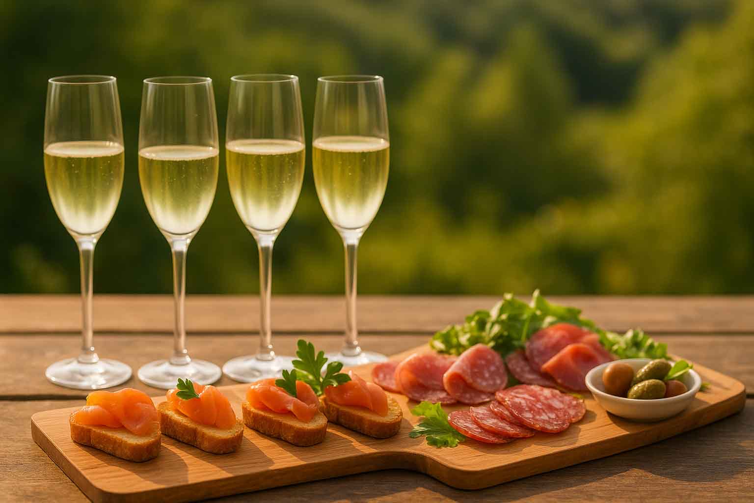 Glazen Mousserende witte Italiaanse wijn bij een borrelplank