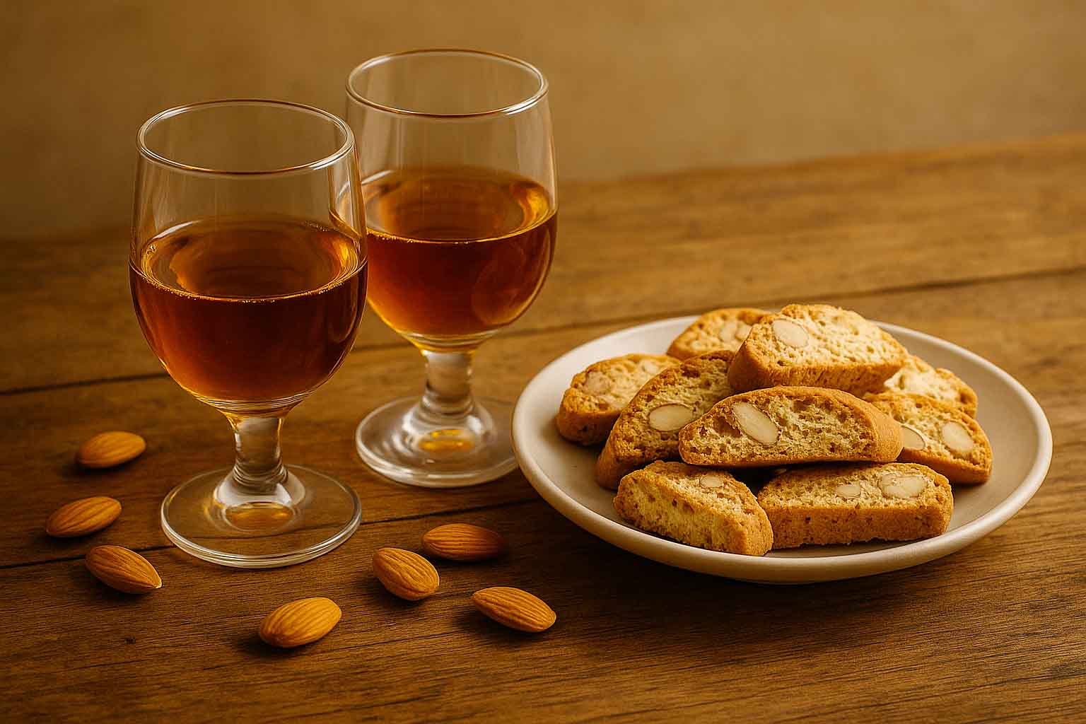 Glaasjes zoete Italiaanse dessertwijn met cantuccini