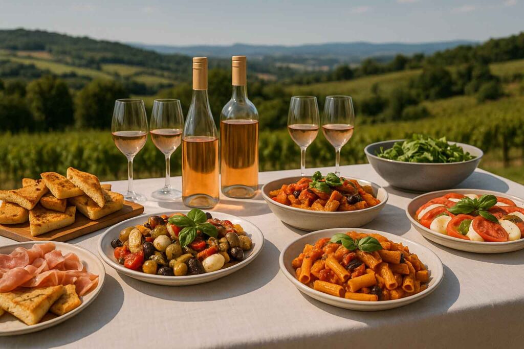 Italiaanse catering met schalen antipasti, pasta en wijn op een lange tafel