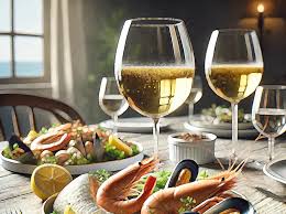 Glas Vermentino wijn naast bord met gegrilde gamba's