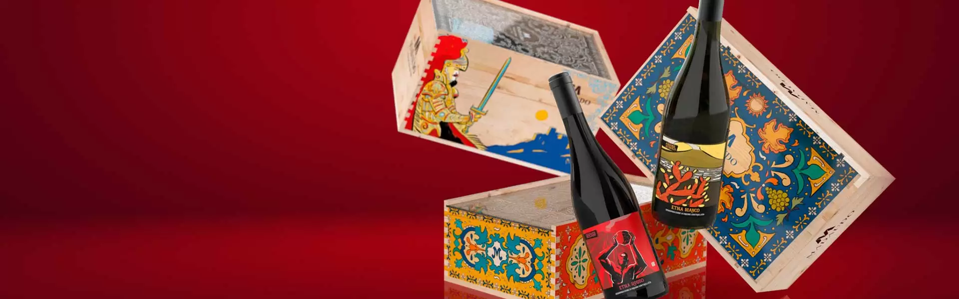 Flessen van Cantine Madaudo met Siciliaanse taferelen vormgegeven